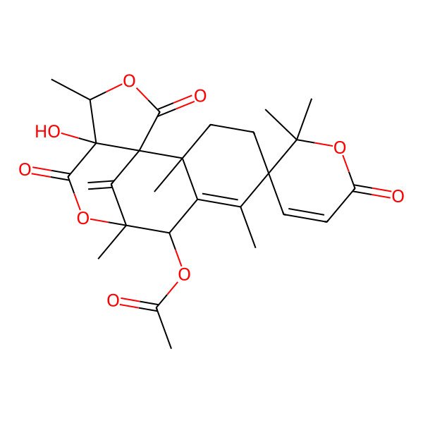 2D Structure of (12-Hydroxy-2,2',2',6,9,13-hexamethyl-16-methylidene-6',11,15-trioxospiro[10,14-dioxatetracyclo[7.6.1.01,12.02,7]hexadec-6-ene-5,3'-pyran]-8-yl) acetate