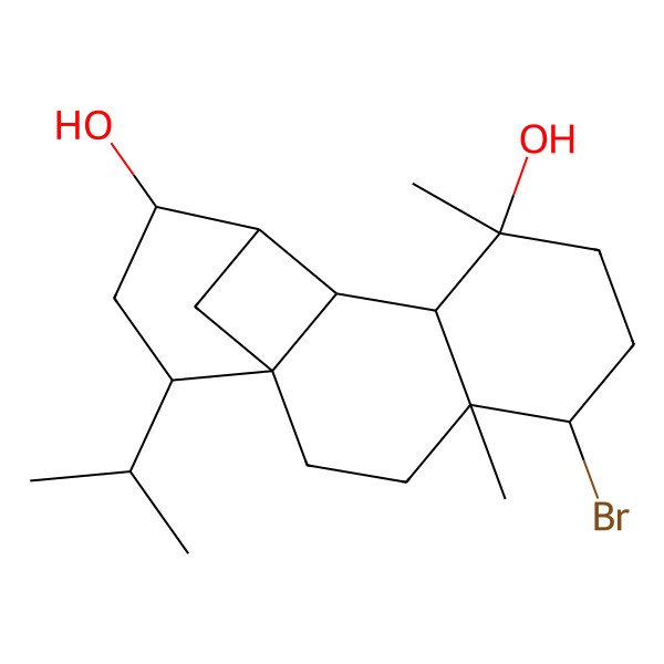 2D Structure of (1R,4R,5R,8S,9R,10R,11R,12R,14R)-5-bromo-4,8-dimethyl-14-propan-2-yltetracyclo[9.3.1.01,10.04,9]pentadecane-8,12-diol