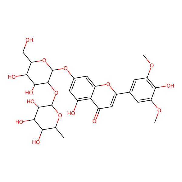 2D Structure of 7-[(2S,3R,4S,5S,6R)-4,5-dihydroxy-6-(hydroxymethyl)-3-[(3R,4R,5R,6S)-3,4,5-trihydroxy-6-methyloxan-2-yl]oxyoxan-2-yl]oxy-5-hydroxy-2-(4-hydroxy-3,5-dimethoxyphenyl)chromen-4-one