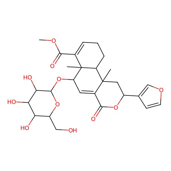 2D Structure of methyl (2S,6S,6aS,10aS,10bS)-2-(furan-3-yl)-6a,10b-dimethyl-4-oxo-6-[(2R,3R,4S,5S,6R)-3,4,5-trihydroxy-6-(hydroxymethyl)oxan-2-yl]oxy-1,2,6,9,10,10a-hexahydrobenzo[f]isochromene-7-carboxylate
