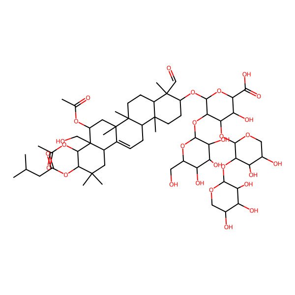 2D Structure of (2S,3S,4S,5R,6R)-6-[[(3S,4S,4aR,6aR,6bS,8R,8aR,9R,10R,12aS,14aR,14bR)-8,9-diacetyloxy-4-formyl-8a-(hydroxymethyl)-4,6a,6b,11,11,14b-hexamethyl-10-(3-methylbutanoyloxy)-1,2,3,4a,5,6,7,8,9,10,12,12a,14,14a-tetradecahydropicen-3-yl]oxy]-4-[(2S,3R,4S,5S)-4,5-dihydroxy-3-[(2S,3R,4S,5R)-3,4,5-trihydroxyoxan-2-yl]oxyoxan-2-yl]oxy-3-hydroxy-5-[(2S,3R,4S,5R,6R)-3,4,5-trihydroxy-6-(hydroxymethyl)oxan-2-yl]oxyoxane-2-carboxylic acid