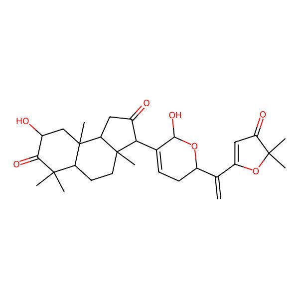 2D Structure of 3-[2-[1-(5,5-dimethyl-4-oxofuran-2-yl)ethenyl]-6-hydroxy-3,6-dihydro-2H-pyran-5-yl]-8-hydroxy-3a,6,6,9a-tetramethyl-1,3,4,5,5a,8,9,9b-octahydrocyclopenta[a]naphthalene-2,7-dione