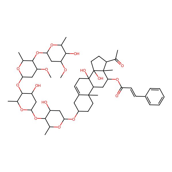 2D Structure of [(3S,8S,9R,10R,12R,13S,14R,17R)-17-acetyl-8,14-dihydroxy-3-[(2R,4S,5S,6R)-4-hydroxy-5-[(2S,4S,5S,6R)-4-hydroxy-5-[(2S,4S,5R,6R)-5-[(2S,4R,5R,6R)-5-hydroxy-4-methoxy-6-methyloxan-2-yl]oxy-4-methoxy-6-methyloxan-2-yl]oxy-6-methyloxan-2-yl]oxy-6-methyloxan-2-yl]oxy-10,13-dimethyl-2,3,4,7,9,11,12,15,16,17-decahydro-1H-cyclopenta[a]phenanthren-12-yl] (E)-3-phenylprop-2-enoate