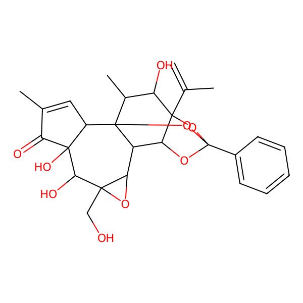 2D Structure of (1R,2R,6R,7S,8R,10S,11S,12R,14S,16S,17R,18R)-6,7,17-trihydroxy-8-(hydroxymethyl)-4,18-dimethyl-14-phenyl-16-prop-1-en-2-yl-9,13,15,19-tetraoxahexacyclo[12.4.1.01,11.02,6.08,10.012,16]nonadec-3-en-5-one