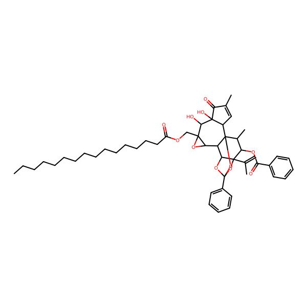 2D Structure of [8-(Hexadecanoyloxymethyl)-6,7-dihydroxy-4,18-dimethyl-5-oxo-14-phenyl-16-prop-1-en-2-yl-9,13,15,19-tetraoxahexacyclo[12.4.1.01,11.02,6.08,10.012,16]nonadec-3-en-17-yl] benzoate