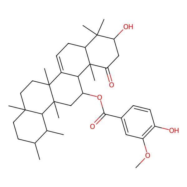 2D Structure of [(1S,2R,4aR,6aS,6aS,8aS,10R,12aS,13R,14aS,14bR)-10-hydroxy-1,2,4a,6a,9,9,12a,14a-octamethyl-12-oxo-1,2,3,4,5,6,6a,8,8a,10,11,13,14,14b-tetradecahydropicen-13-yl] 4-hydroxy-3-methoxybenzoate