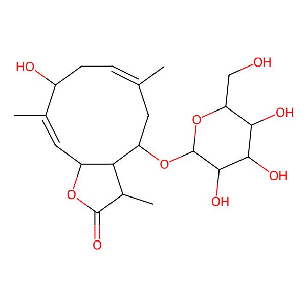 2D Structure of 9-hydroxy-3,6,10-trimethyl-4-[3,4,5-trihydroxy-6-(hydroxymethyl)oxan-2-yl]oxy-3a,4,5,8,9,11a-hexahydro-3H-cyclodeca[b]furan-2-one