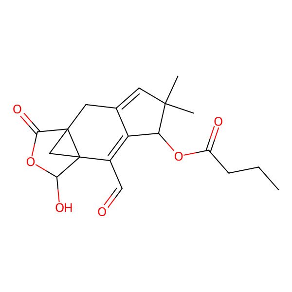 2D Structure of (2-Formyl-12-hydroxy-5,5-dimethyl-10-oxo-11-oxatetracyclo[7.3.1.01,9.03,7]trideca-2,6-dien-4-yl) butanoate