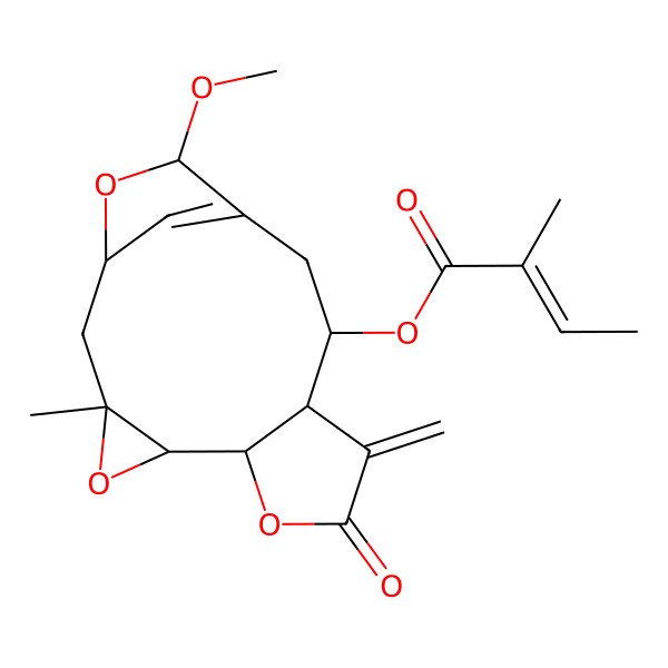 2D Structure of (14-Methoxy-3-methyl-9-methylidene-8-oxo-4,7,15-trioxatetracyclo[11.2.1.03,5.06,10]hexadec-13(16)-en-11-yl) 2-methylbut-2-enoate