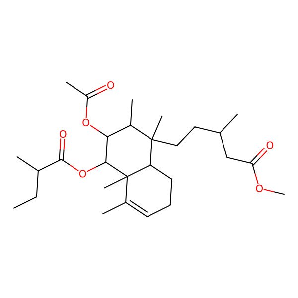 2D Structure of methyl (3S)-5-[(1R,2S,3R,4R,4aR,8aR)-3-acetyloxy-1,2,4a,5-tetramethyl-4-[(2R)-2-methylbutanoyl]oxy-2,3,4,7,8,8a-hexahydronaphthalen-1-yl]-3-methylpentanoate