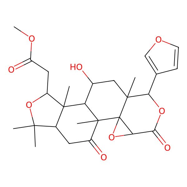 2D Structure of methyl 2-[(1R,2R,4S,7S,8S,10S,11R,12R,13R,16R)-7-(furan-3-yl)-10-hydroxy-1,8,12,15,15-pentamethyl-5,18-dioxo-3,6,14-trioxapentacyclo[9.7.0.02,4.02,8.012,16]octadecan-13-yl]acetate