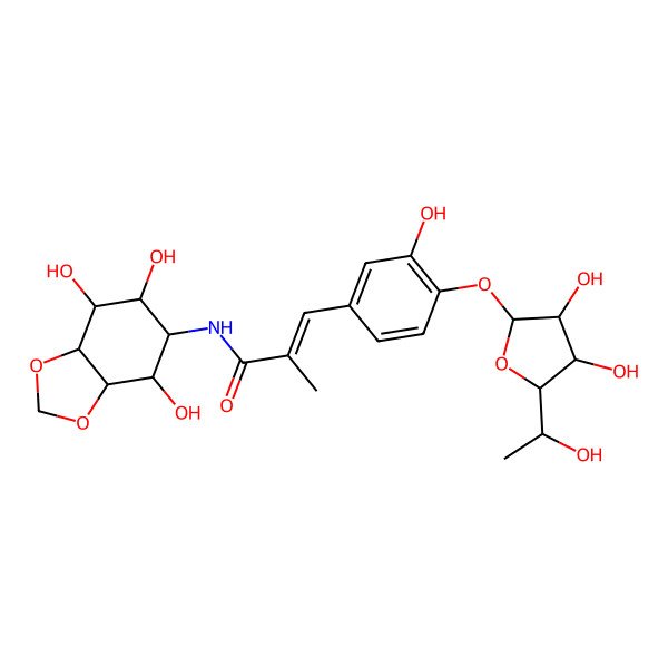 2D Structure of 3-[4-[3,4-dihydroxy-5-(1-hydroxyethyl)oxolan-2-yl]oxy-3-hydroxyphenyl]-2-methyl-N-(4,6,7-trihydroxy-3a,4,5,6,7,7a-hexahydro-1,3-benzodioxol-5-yl)prop-2-enamide