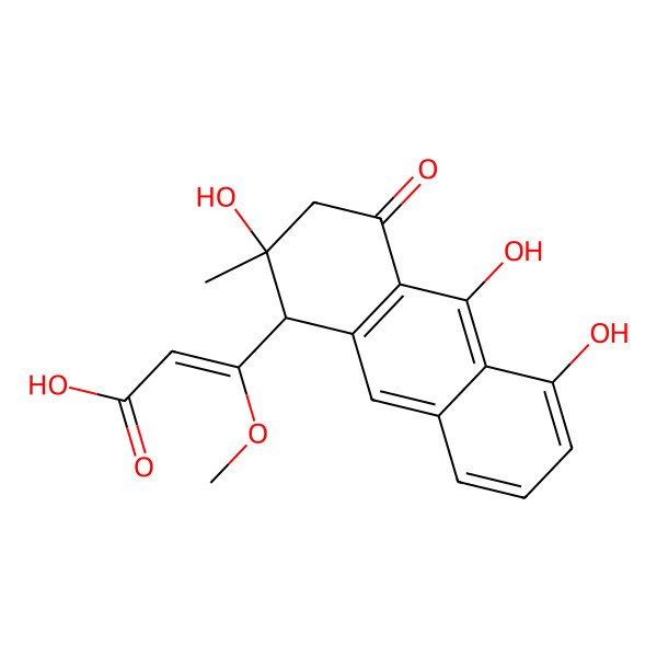 2D Structure of (Z)-3-methoxy-3-[(1S,2S)-2,5,10-trihydroxy-2-methyl-4-oxo-1,3-dihydroanthracen-1-yl]prop-2-enoic acid