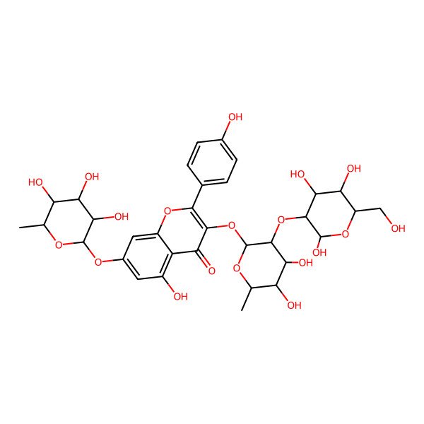 2D Structure of 3-[(2R,3R,4R,5R,6S)-4,5-dihydroxy-6-methyl-3-[(2R,3R,4S,5S,6R)-2,4,5-trihydroxy-6-(hydroxymethyl)oxan-3-yl]oxyoxan-2-yl]oxy-5-hydroxy-2-(4-hydroxyphenyl)-7-[(2R,3R,4R,5R,6S)-3,4,5-trihydroxy-6-methyloxan-2-yl]oxychromen-4-one