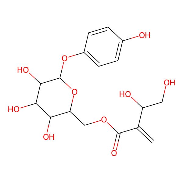 2D Structure of [(2R,3S,4S,5R,6S)-3,4,5-trihydroxy-6-(4-hydroxyphenoxy)oxan-2-yl]methyl (3R)-3,4-dihydroxy-2-methylidenebutanoate