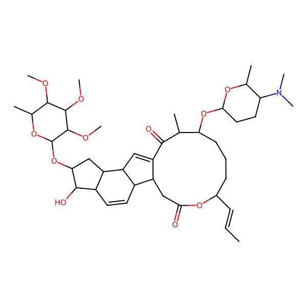 2D Structure of (1S,2R,5S,6S,7S,9S,10S,14R,15S,19R)-15-[(2R,5S,6R)-5-(dimethylamino)-6-methyloxan-2-yl]oxy-6-hydroxy-14-methyl-19-[(E)-prop-1-enyl]-7-[(2S,3R,4R,5S,6S)-3,4,5-trimethoxy-6-methyloxan-2-yl]oxy-20-oxatetracyclo[10.10.0.02,10.05,9]docosa-3,11-diene-13,21-dione