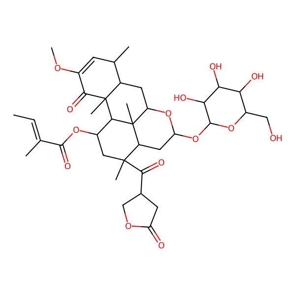 2D Structure of [4-Methoxy-2,6,14,17-tetramethyl-3-oxo-14-(5-oxooxolane-3-carbonyl)-11-[3,4,5-trihydroxy-6-(hydroxymethyl)oxan-2-yl]oxy-10-oxatetracyclo[7.7.1.02,7.013,17]heptadec-4-en-16-yl] 2-methylbut-2-enoate