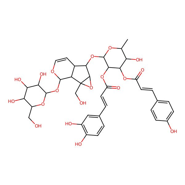 2D Structure of [(2S,3R,4R,5S,6S)-3-[(E)-3-(3,4-dihydroxyphenyl)prop-2-enoyl]oxy-5-hydroxy-2-[[(1S,2S,4S,5S,6R,10S)-2-(hydroxymethyl)-10-[(2S,3R,4S,5S,6R)-3,4,5-trihydroxy-6-(hydroxymethyl)oxan-2-yl]oxy-3,9-dioxatricyclo[4.4.0.02,4]dec-7-en-5-yl]oxy]-6-methyloxan-4-yl] (E)-3-(4-hydroxyphenyl)prop-2-enoate