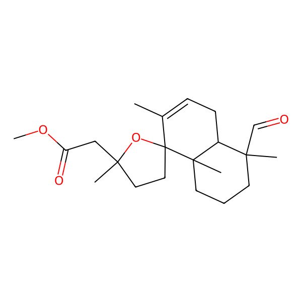 2D Structure of methyl 2-(4-formyl-2',4,7,8a-tetramethylspiro[2,3,4a,5-tetrahydro-1H-naphthalene-8,5'-oxolane]-2'-yl)acetate