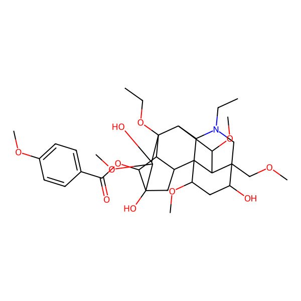 2D Structure of [8-Ethoxy-11-ethyl-5,7,14-trihydroxy-6,16,18-trimethoxy-13-(methoxymethyl)-11-azahexacyclo[7.7.2.12,5.01,10.03,8.013,17]nonadecan-4-yl] 4-methoxybenzoate