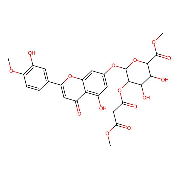 2D Structure of 3-O-[(2S,3R,4S,5S,6S)-4,5-dihydroxy-2-[5-hydroxy-2-(3-hydroxy-4-methoxyphenyl)-4-oxochromen-7-yl]oxy-6-methoxycarbonyloxan-3-yl] 1-O-methyl propanedioate