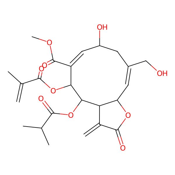 2D Structure of Methyl 8-hydroxy-10-(hydroxymethyl)-3-methylidene-4-(2-methylpropanoyloxy)-5-(2-methylprop-2-enoyloxy)-2-oxo-3a,4,5,8,9,11a-hexahydrocyclodeca[b]furan-6-carboxylate