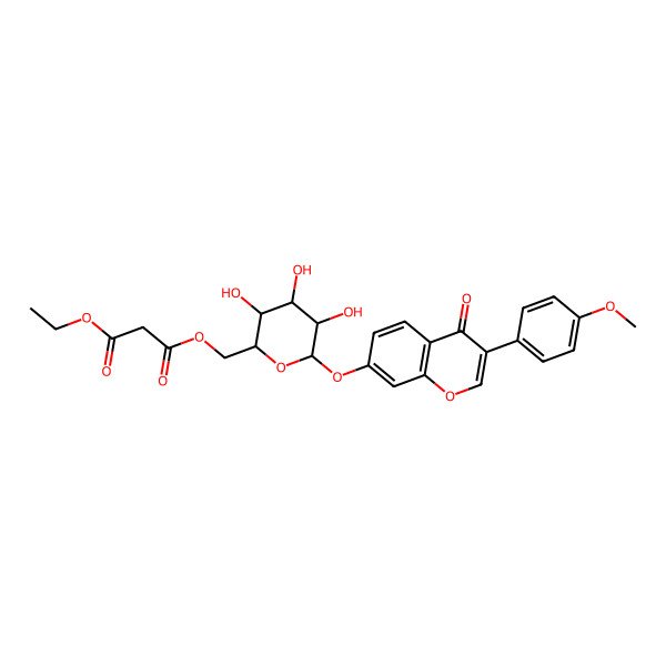 2D Structure of 1-O-ethyl 3-O-[[(2R,3S,4S,5R,6S)-3,4,5-trihydroxy-6-[3-(4-methoxyphenyl)-4-oxochromen-7-yl]oxyoxan-2-yl]methyl] propanedioate