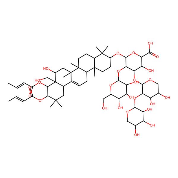 2D Structure of (2S,3S,4S,5R,6R)-6-[[(3S,6aR,6bS,8R,8aR,9R,10R,12aS,14aR,14bR)-9,10-bis[[(Z)-but-2-enoyl]oxy]-8-hydroxy-8a-(hydroxymethyl)-4,4,6a,6b,11,11,14b-heptamethyl-1,2,3,4a,5,6,7,8,9,10,12,12a,14,14a-tetradecahydropicen-3-yl]oxy]-4-[(2S,3R,4S,5S)-4,5-dihydroxy-3-[(2S,3R,4S,5R)-3,4,5-trihydroxyoxan-2-yl]oxyoxan-2-yl]oxy-3-hydroxy-5-[(2S,3R,4S,5R,6R)-3,4,5-trihydroxy-6-(hydroxymethyl)oxan-2-yl]oxyoxane-2-carboxylic acid