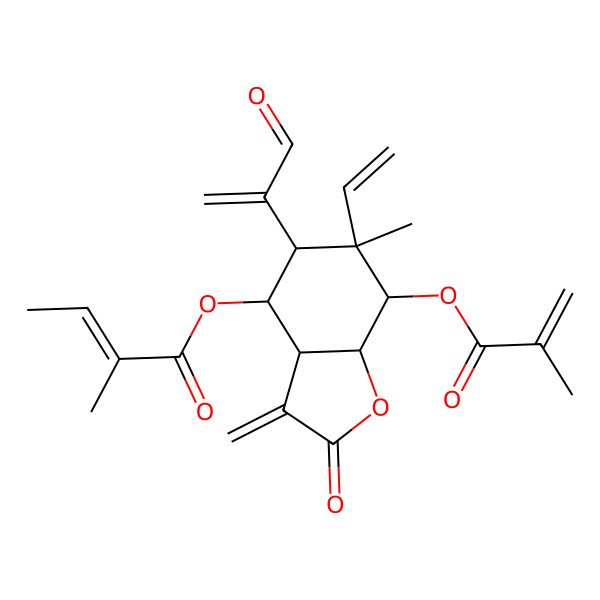 2D Structure of [6-ethenyl-6-methyl-3-methylidene-7-(2-methylprop-2-enoyloxy)-2-oxo-5-(3-oxoprop-1-en-2-yl)-4,5,7,7a-tetrahydro-3aH-1-benzofuran-4-yl] 2-methylbut-2-enoate