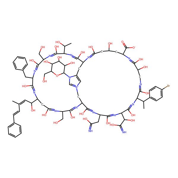 2D Structure of (1S,5R,7S,10S,14S,17S,20S,23R,26S,30S,33S,36S,39S)-33-benzyl-14-[(1S)-1-(4-bromophenyl)ethyl]-17-[(1R)-1,2-dihydroxy-2-iminoethyl]-3,5,9,10,13,16,19,22,25,28,32,35,38,41-tetradecahydroxy-39-[(1S)-1-hydroxyethyl]-20-(2-hydroxy-2-iminoethyl)-26,36-bis(hydroxymethyl)-30-[(1S,2E,4E)-1-hydroxy-3-methyl-5-phenylpenta-2,4-dienyl]-44-[(2R,3R,4S,5R,6R)-3,4,5-trihydroxy-6-(hydroxymethyl)oxan-2-yl]-2,8,12,15,18,21,24,27,31,34,37,40,44-tridecaza-46-azoniatricyclo[21.18.6.143,46]octatetraconta-2,8,12,15,18,21,24,27,31,34,37,40,43(48),45-tetradecaene-7-carboxylate