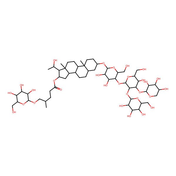 2D Structure of [3-[3,4-dihydroxy-5-[5-hydroxy-6-(hydroxymethyl)-3-[3,4,5-trihydroxy-6-(hydroxymethyl)oxan-2-yl]oxy-4-(3,4,5-trihydroxyoxan-2-yl)oxyoxan-2-yl]oxy-6-(hydroxymethyl)oxan-2-yl]oxy-17-(1-hydroxyethyl)-10,13-dimethyl-2,3,4,5,6,7,8,9,11,12,14,15,16,17-tetradecahydro-1H-cyclopenta[a]phenanthren-16-yl] 4-methyl-5-[3,4,5-trihydroxy-6-(hydroxymethyl)oxan-2-yl]oxypentanoate