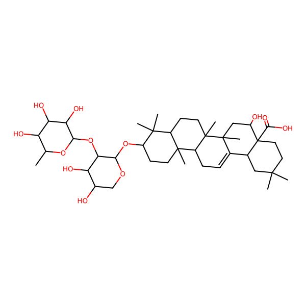 2D Structure of (4aR,5R,6aR,6aS,6bR,8aR,10S,12aR,14bS)-10-[(2S,3R,4S,5S)-4,5-dihydroxy-3-[(2S,3R,4R,5R,6S)-3,4,5-trihydroxy-6-methyloxan-2-yl]oxyoxan-2-yl]oxy-5-hydroxy-2,2,6a,6b,9,9,12a-heptamethyl-1,3,4,5,6,6a,7,8,8a,10,11,12,13,14b-tetradecahydropicene-4a-carboxylic acid
