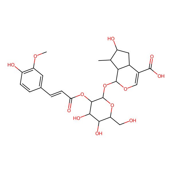 2D Structure of (1S,4aS,6S,7R,7aS)-1-[(2S,3R,4S,5S,6R)-4,5-dihydroxy-3-[(E)-3-(4-hydroxy-3-methoxyphenyl)prop-2-enoyl]oxy-6-(hydroxymethyl)oxan-2-yl]oxy-6-hydroxy-7-methyl-1,4a,5,6,7,7a-hexahydrocyclopenta[c]pyran-4-carboxylic acid