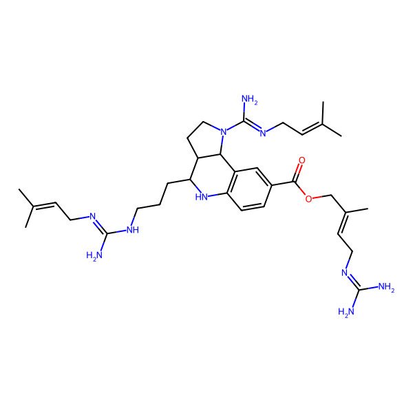 2D Structure of [(E)-4-(diaminomethylideneamino)-2-methylbut-2-enyl] 1-[N'-(3-methylbut-2-enyl)carbamimidoyl]-4-[3-[[N'-(3-methylbut-2-enyl)carbamimidoyl]amino]propyl]-2,3,3a,4,5,9b-hexahydropyrrolo[3,2-c]quinoline-8-carboxylate