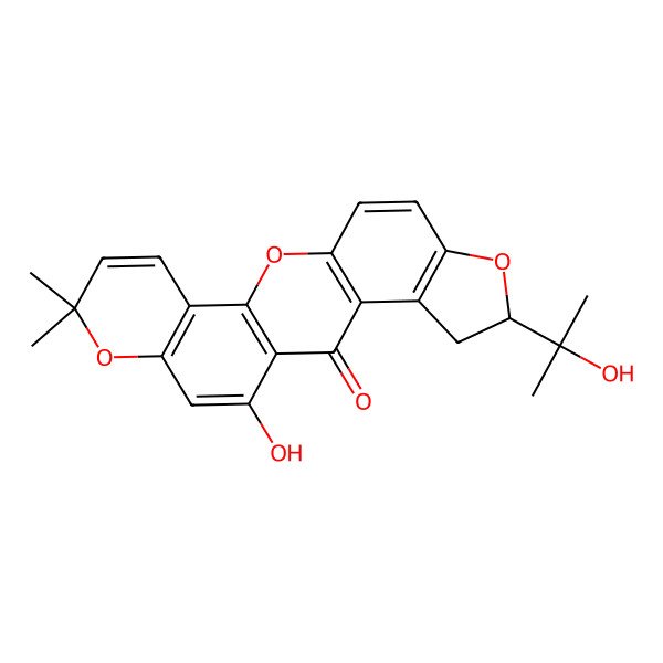 2D Structure of 21-Hydroxy-6-(2-hydroxypropan-2-yl)-17,17-dimethyl-7,12,18-trioxapentacyclo[11.8.0.03,11.04,8.014,19]henicosa-1(13),3(11),4(8),9,14(19),15,20-heptaen-2-one