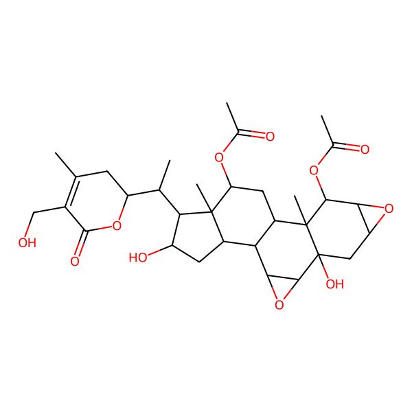 2D Structure of [(1S,2S,4S,5R,7S,9S,10R,11S,12S,14S,15S,16R,17S,19S)-10-acetyloxy-5,17-dihydroxy-16-[(1S)-1-[(2R)-5-(hydroxymethyl)-4-methyl-6-oxo-2,3-dihydropyran-2-yl]ethyl]-11,15-dimethyl-3,8-dioxahexacyclo[10.7.0.02,4.05,11.07,9.015,19]nonadecan-14-yl] acetate