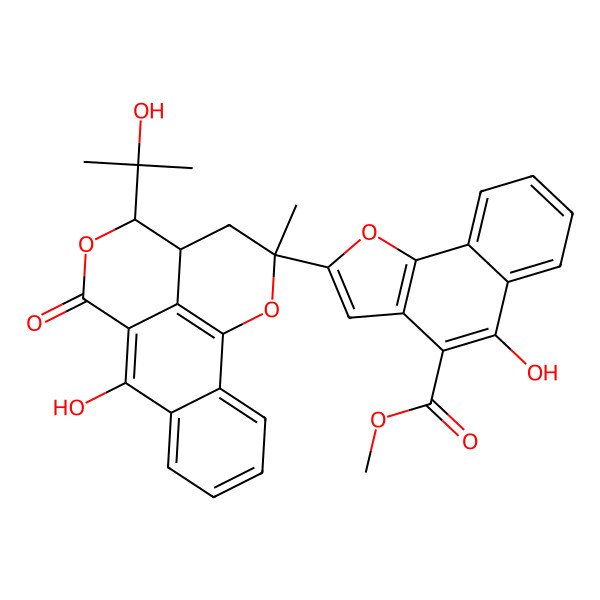 2D Structure of Methyl 5-hydroxy-2-[8-hydroxy-12-(2-hydroxypropan-2-yl)-15-methyl-10-oxo-11,16-dioxatetracyclo[7.7.1.02,7.013,17]heptadeca-1(17),2,4,6,8-pentaen-15-yl]benzo[g][1]benzofuran-4-carboxylate