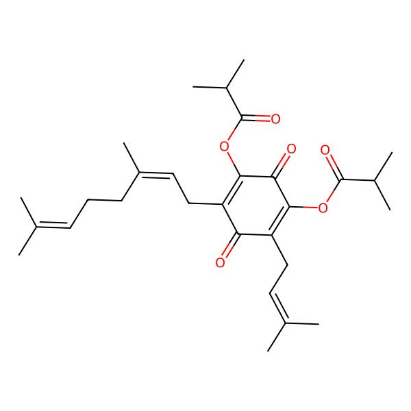 2D Structure of [4-[(2E)-3,7-dimethylocta-2,6-dienyl]-2-(3-methylbut-2-enyl)-5-(2-methylpropanoyloxy)-3,6-dioxocyclohexa-1,4-dien-1-yl] 2-methylpropanoate