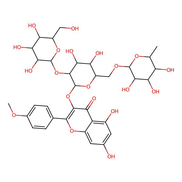 2D Structure of 3-[(2S,3R,4S,5R,6R)-4,5-dihydroxy-3-[(2S,3R,4S,5R,6S)-3,4,5-trihydroxy-6-(hydroxymethyl)oxan-2-yl]oxy-6-[[(2R,3S,4R,5R,6S)-3,4,5-trihydroxy-6-methyloxan-2-yl]oxymethyl]oxan-2-yl]oxy-5,7-dihydroxy-2-(4-methoxyphenyl)chromen-4-one