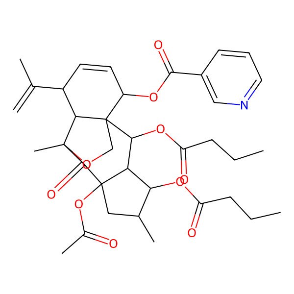 2D Structure of [7-Acetyloxy-2,4-di(butanoyloxy)-5,9-dimethyl-8-oxo-11-prop-1-en-2-yl-16-oxatetracyclo[7.5.2.01,10.03,7]hexadec-12-en-14-yl] pyridine-3-carboxylate