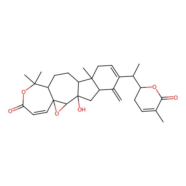 2D Structure of 1-Hydroxy-9,9,14-trimethyl-18-methylidene-17-[1-(5-methyl-6-oxo-2,3-dihydropyran-2-yl)ethyl]-3,8-dioxapentacyclo[11.7.0.02,4.04,10.014,19]icosa-5,16-dien-7-one