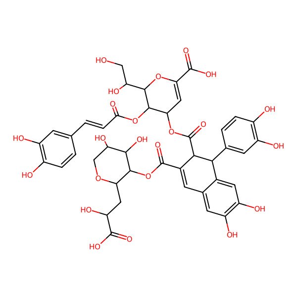 2D Structure of (2R,3R,4R)-4-[(1R,2S)-3-[(2S,3R,4S,5S)-2-[(2R)-2-carboxy-2-hydroxyethyl]-4,5-dihydroxyoxan-3-yl]oxycarbonyl-1-(3,4-dihydroxyphenyl)-6,7-dihydroxy-1,2-dihydronaphthalene-2-carbonyl]oxy-2-[(1S)-1,2-dihydroxyethyl]-3-[(E)-3-(3,4-dihydroxyphenyl)prop-2-enoyl]oxy-3,4-dihydro-2H-pyran-6-carboxylic acid