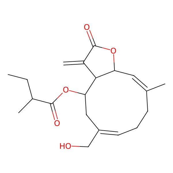 2D Structure of [(3aR,4R,6Z,10E,11aS)-6-(hydroxymethyl)-10-methyl-3-methylidene-2-oxo-3a,4,5,8,9,11a-hexahydrocyclodeca[b]furan-4-yl] (2R)-2-methylbutanoate