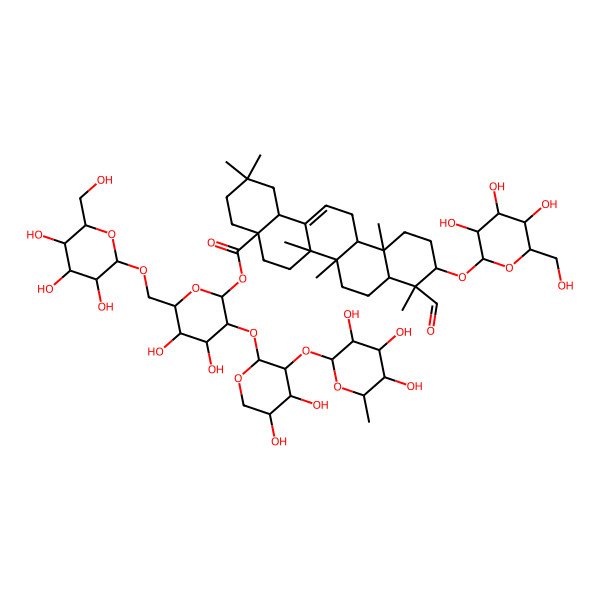 2D Structure of [(2S,3R,4S,5S,6R)-3-[(2S,3R,4S,5S)-4,5-dihydroxy-3-[(2S,3R,4R,5R,6S)-3,4,5-trihydroxy-6-methyloxan-2-yl]oxyoxan-2-yl]oxy-4,5-dihydroxy-6-[[(2R,3R,4S,5S,6R)-3,4,5-trihydroxy-6-(hydroxymethyl)oxan-2-yl]oxymethyl]oxan-2-yl] (4aS,6aR,6aS,6bR,8aR,9S,10S,12aR,14bS)-9-formyl-2,2,6a,6b,9,12a-hexamethyl-10-[(2R,3R,4S,5S,6R)-3,4,5-trihydroxy-6-(hydroxymethyl)oxan-2-yl]oxy-1,3,4,5,6,6a,7,8,8a,10,11,12,13,14b-tetradecahydropicene-4a-carboxylate