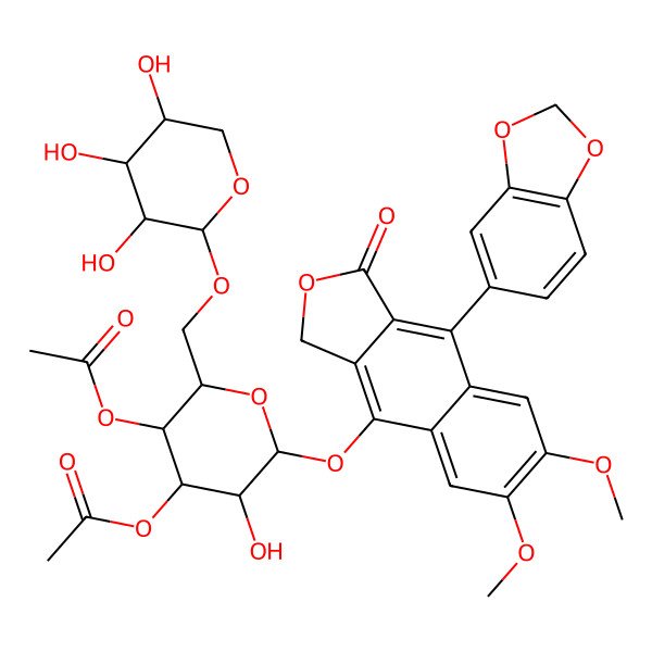 2D Structure of [(2S,3R,4S,5S,6R)-4-acetyloxy-6-[[9-(1,3-benzodioxol-5-yl)-6,7-dimethoxy-1-oxo-3H-benzo[f][2]benzofuran-4-yl]oxy]-5-hydroxy-2-[[(2S,3R,4S,5S)-3,4,5-trihydroxyoxan-2-yl]oxymethyl]oxan-3-yl] acetate
