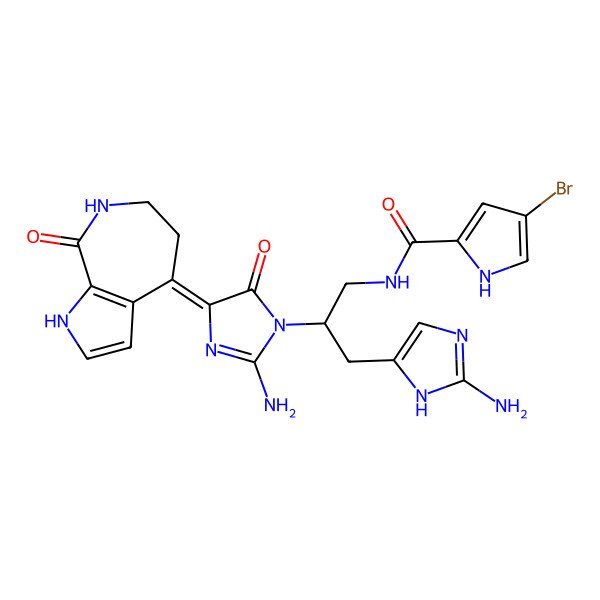 2D Structure of N-[3-(2-amino-1H-imidazol-5-yl)-2-[2-amino-5-oxo-4-(8-oxo-1,5,6,7-tetrahydropyrrolo[2,3-c]azepin-4-ylidene)imidazol-1-yl]propyl]-4-bromo-1H-pyrrole-2-carboxamide