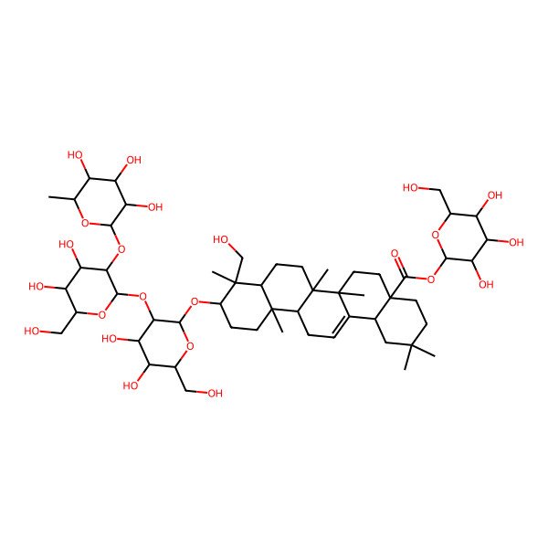 2D Structure of [(2S,3R,4S,5S,6R)-3,4,5-trihydroxy-6-(hydroxymethyl)oxan-2-yl] (4aS,6aR,6aS,6bR,8aR,9R,10S,12aR,14bS)-10-[(2R,3R,4S,5S,6R)-3-[(2S,3R,4S,5S,6R)-4,5-dihydroxy-6-(hydroxymethyl)-3-[(2S,3R,4R,5R,6S)-3,4,5-trihydroxy-6-methyloxan-2-yl]oxyoxan-2-yl]oxy-4,5-dihydroxy-6-(hydroxymethyl)oxan-2-yl]oxy-9-(hydroxymethyl)-2,2,6a,6b,9,12a-hexamethyl-1,3,4,5,6,6a,7,8,8a,10,11,12,13,14b-tetradecahydropicene-4a-carboxylate