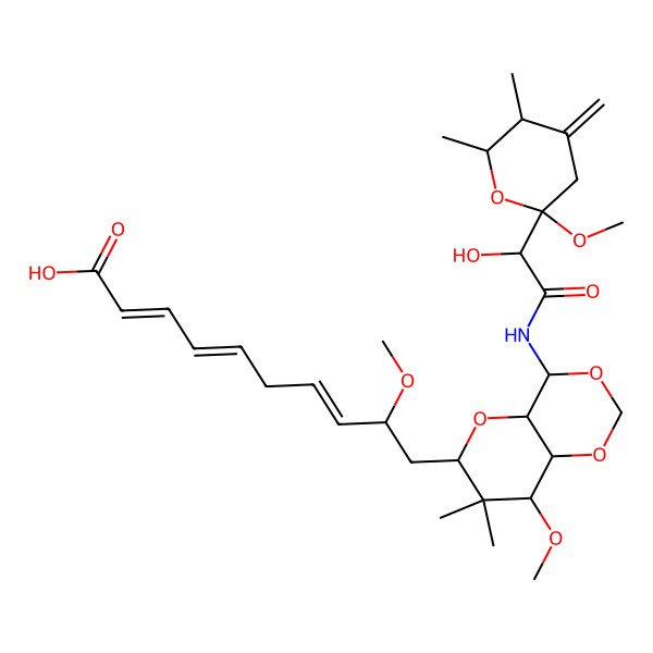 2D Structure of (2E,4E,7E,9R)-10-[(4S,4aS,6R,8S,8aR)-4-[[(2S)-2-hydroxy-2-[(2R,5R,6R)-2-methoxy-5,6-dimethyl-4-methylideneoxan-2-yl]acetyl]amino]-8-methoxy-7,7-dimethyl-4a,6,8,8a-tetrahydro-4H-pyrano[3,2-d][1,3]dioxin-6-yl]-9-methoxydeca-2,4,7-trienoic acid