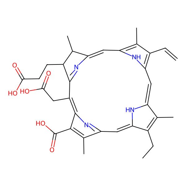 2D Structure of 18-(2-Carboxyethyl)-20-(carboxymethyl)-12-ethenyl-7-ethyl-3,8,13,17-tetramethyl-17,18,22,23-tetrahydroporphyrin-2-carboxylic acid 2D Structure of 18-(2-Carboxyethyl)-20-(carboxymethyl)-12-ethenyl-7-ethyl-3,8,13,17-tetramethyl-17,18,22,23-tetrahydroporphyrin-2-carboxylic acid
