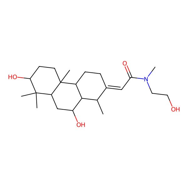 2D Structure of (2E)-2-[(1R,4aR,4bR,7S,8aR,10S,10aS)-7,10-dihydroxy-1,4b,8,8-tetramethyl-3,4,4a,5,6,7,8a,9,10,10a-decahydro-1H-phenanthren-2-ylidene]-N-(2-hydroxyethyl)-N-methylacetamide